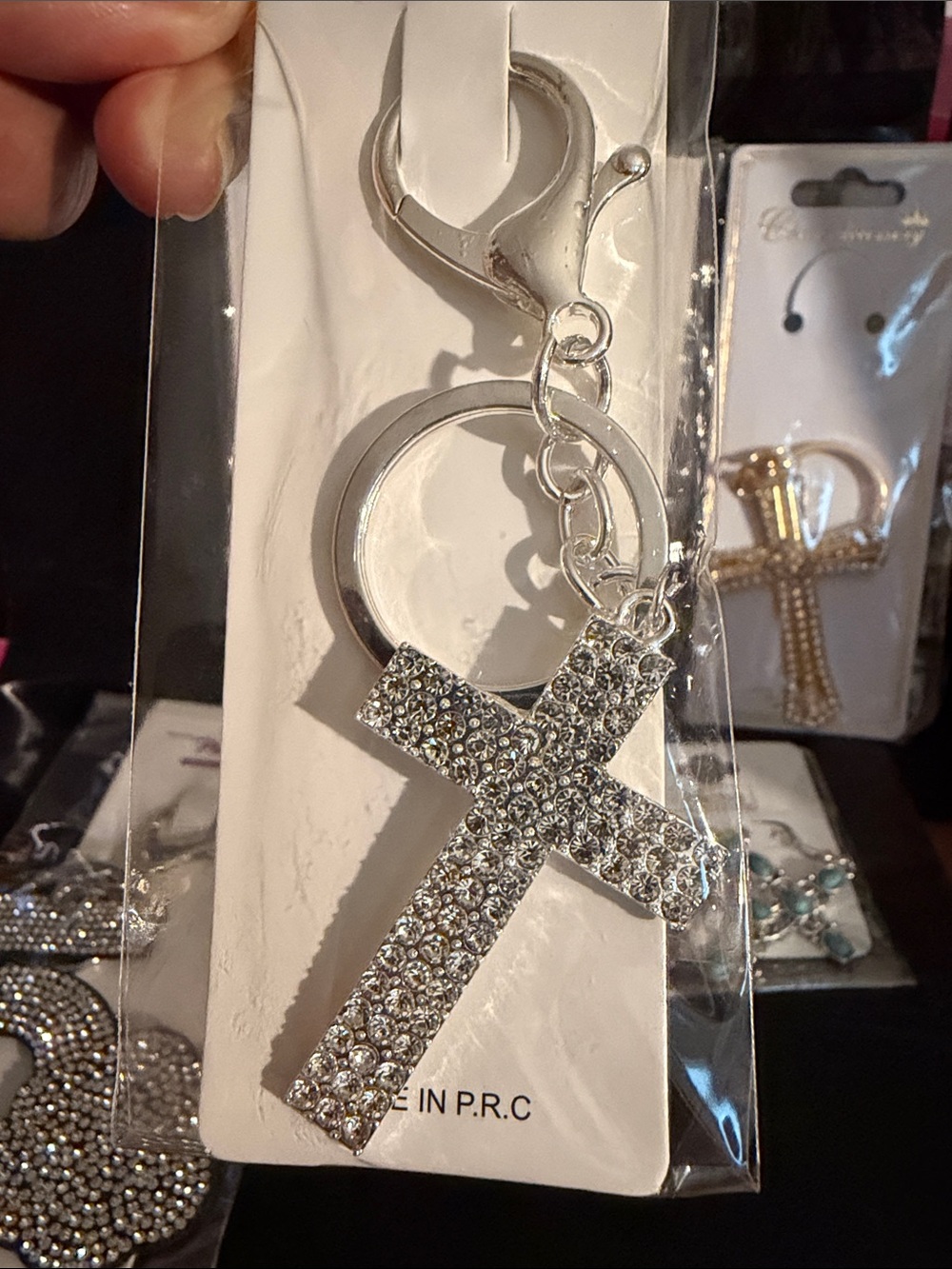 Gold Rhinestone Cross Keychain - - Picture 2 of 8